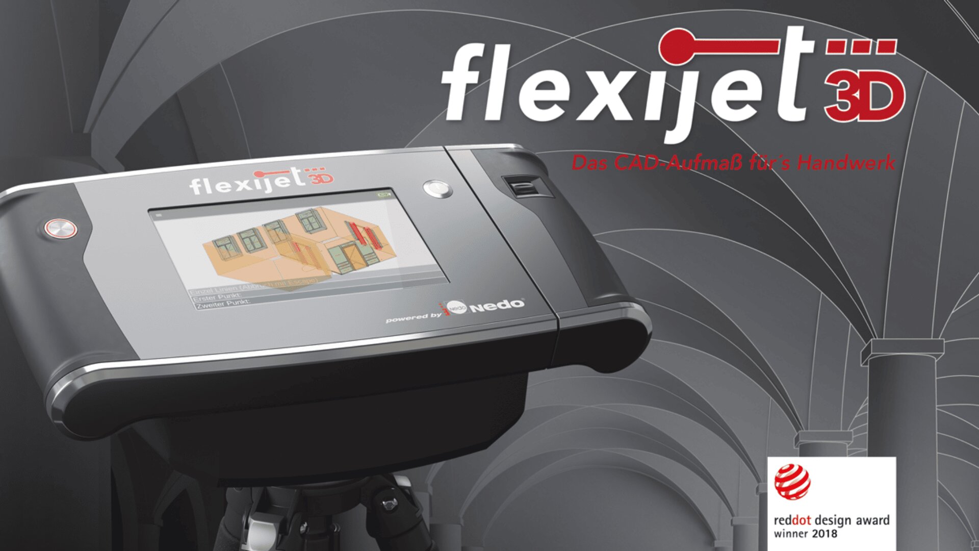 Ein Flexijet 3D-Messgerät mit Touchscreen zeigt ein Gebäudemodell. Im Hintergrund sind architektonische Bögen und das Logo des Reddot Design Award 2018 zu sehen. Der Text lautet: Flexijet 3D. Das CAD-Aufmaß fürs Handwerk.