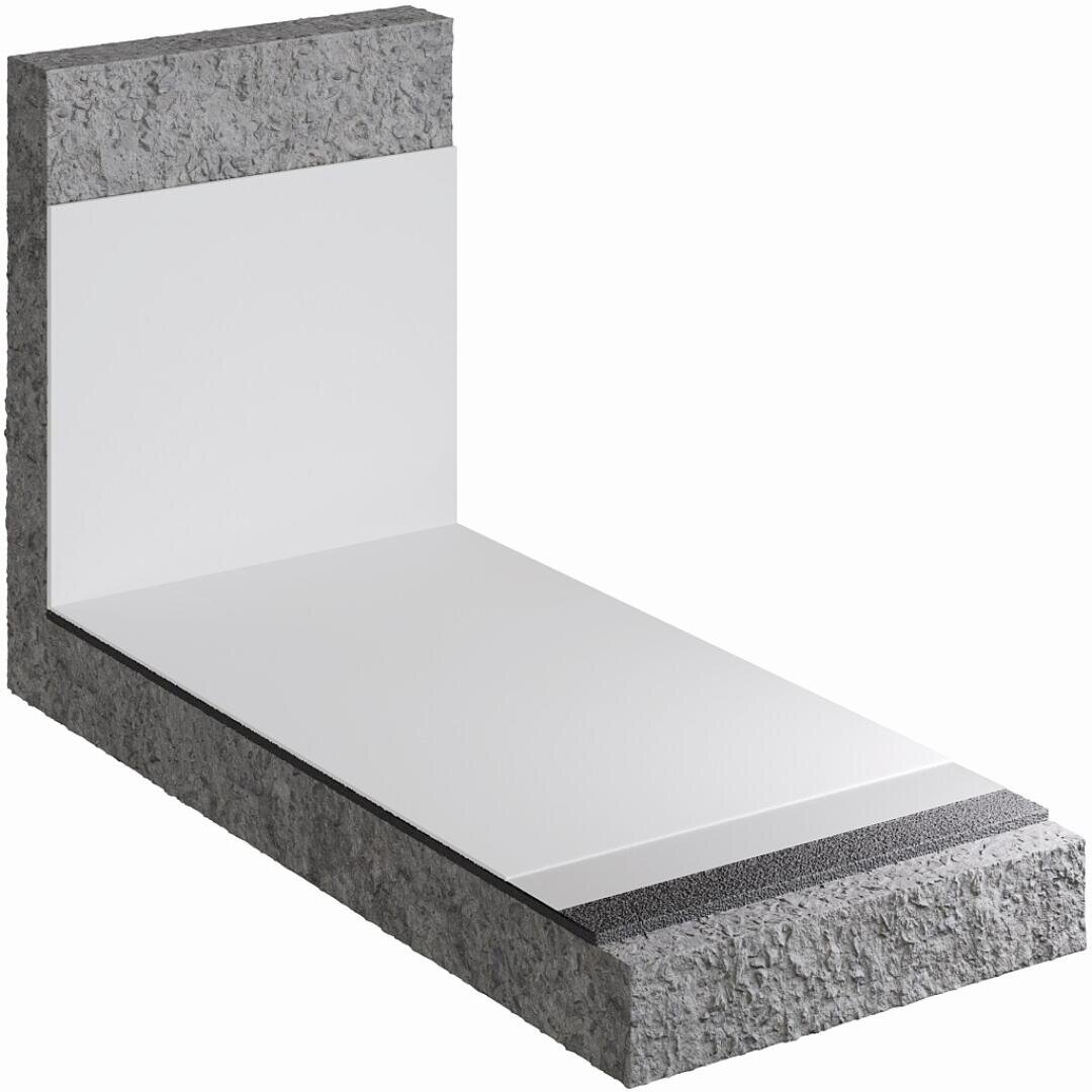 A cross-section through a concrete floor and a concrete wall with insulation layers and a protective membrane above the floor.