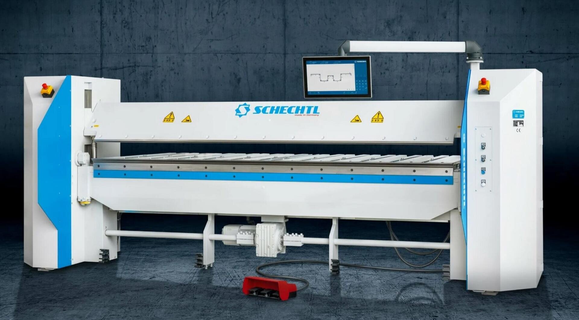A large industrial sheet metal bending machine from SCHECHTL with a digital control screen, safety warning signs and a red foot pedal against a dark industrial background.
