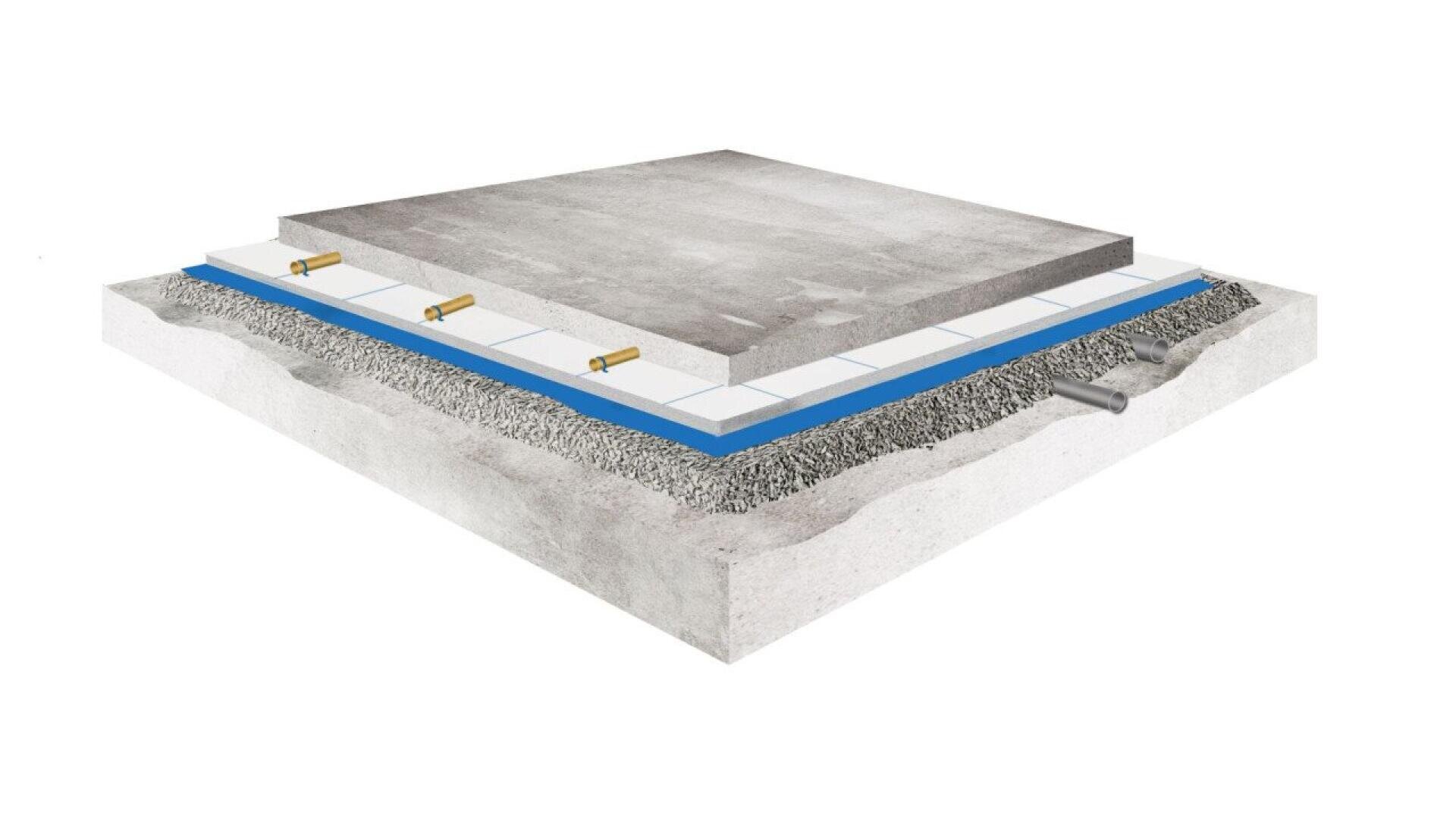 A 3D illustration showing a cross-section of a concrete slab foundation with layers of insulation, gravel, and soil beneath, and bolts embedded along the concrete edges.