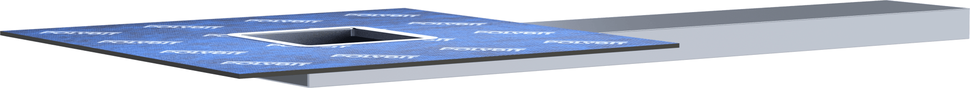 Ein rechteckiger blauer Abflussdeckel mit der Aufschrift POLYBIT mit einer zentralen quadratischen Öffnung, der an einer flachen, verlängerten rechteckigen Abflussrinne befestigt ist.