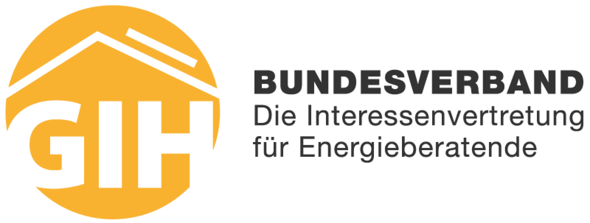 Logo des GIH Bundesverbandes mit einem gelben Kreis mit stilisiertem Dach und den Buchstaben GIH im Inneren, daneben schwarzer Text mit der Aufschrift BUNDESVERBAND Die Interessenvertretung für Energieberatende.