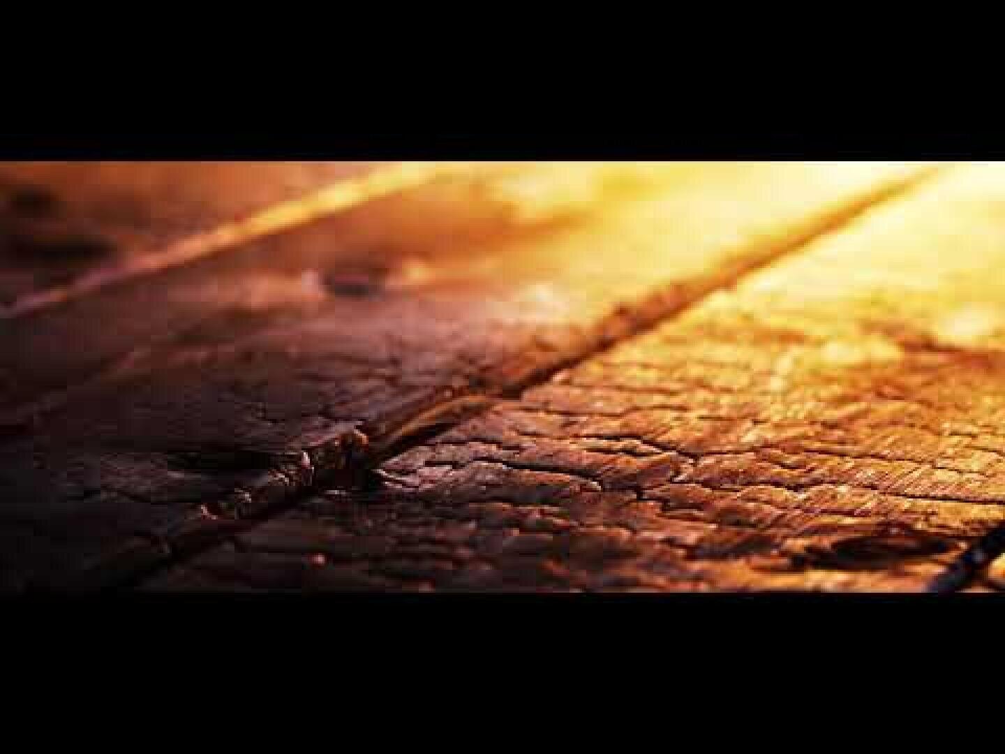 Nahaufnahme von rustikalen Holzdielen, die von warmem, goldenem Licht beleuchtet werden, das die Textur und die Risse im Holz hervorhebt. Das Bild hat oben und unten einen dunklen Rand.