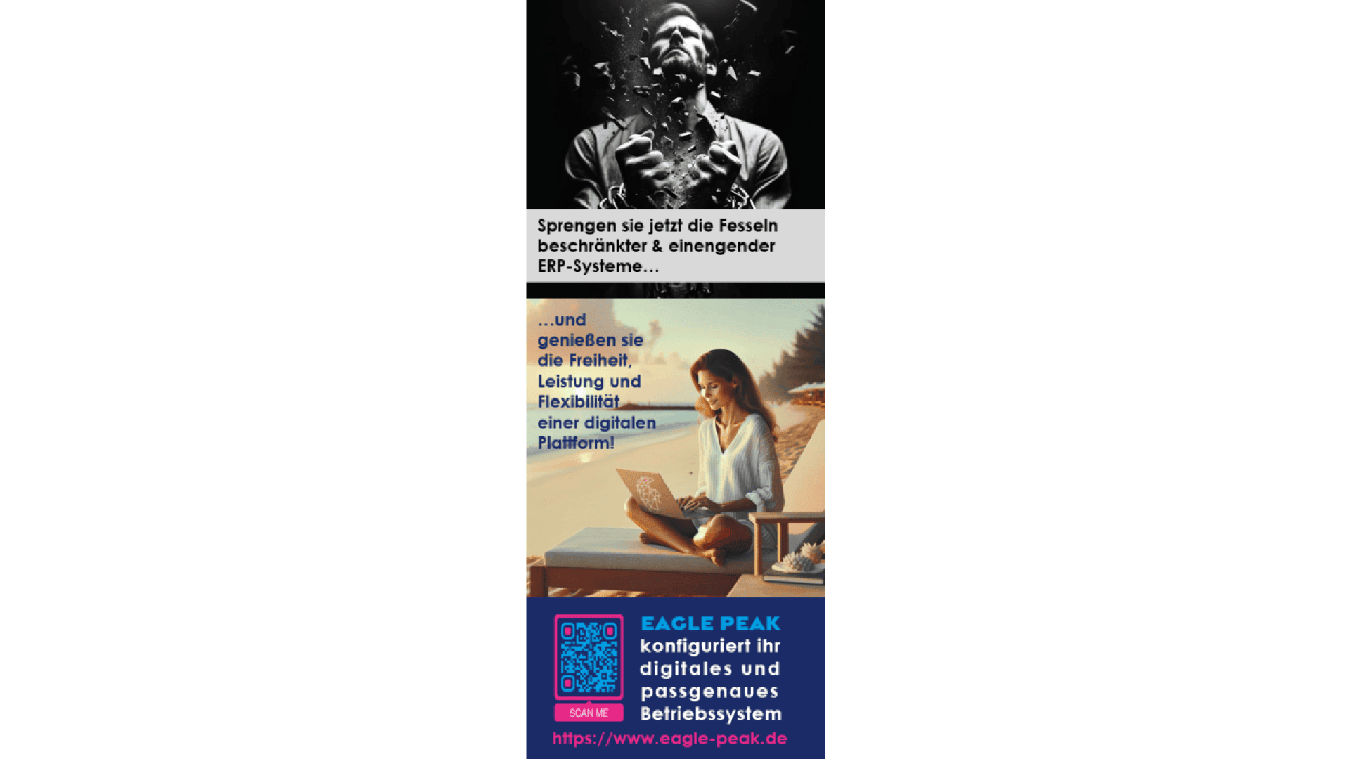 A black-and-white image of a person breaking free from restraints is above a color photo of a woman with a laptop, with German text promoting Eagle Peaks digital business platform and a website link.
