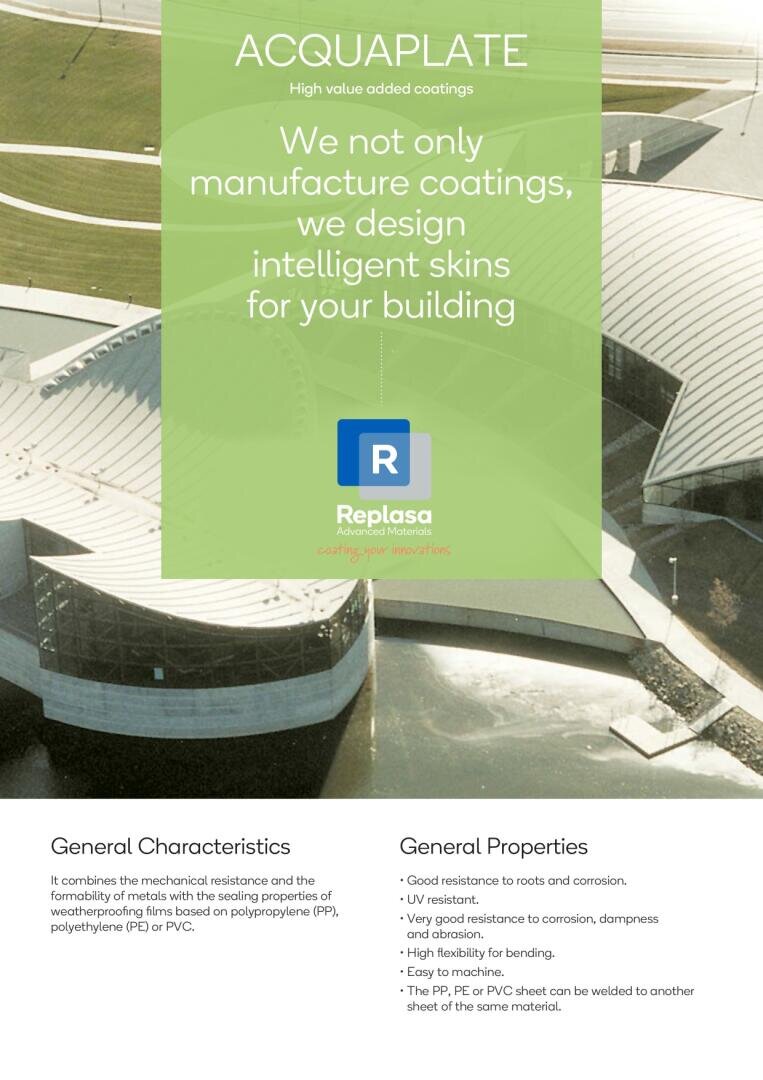 A brochure for ACQUAPLATE coatings shows a modern building with curved metal roofs and a green canopy. The text highlights intelligent building envelopes, general features, properties and the Replasa logo.