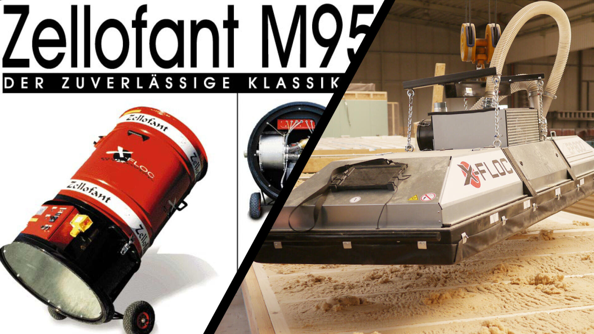 Ein geteiltes Bild zeigt links den roten Dämmstoffbläser Zellofant M95 und rechts eine schwarze X-Floc-Saugeinheit, die Holzstaub von einer großen Fläche entfernt. Beides sind professionelle Baumaschinen.