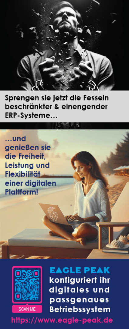 A person breaks out of chains amid flying debris; below, a woman with a laptop sits on a dock by the water at sunset. Captions and QR code promote digital ERP solutions from EAGLE PEAK.