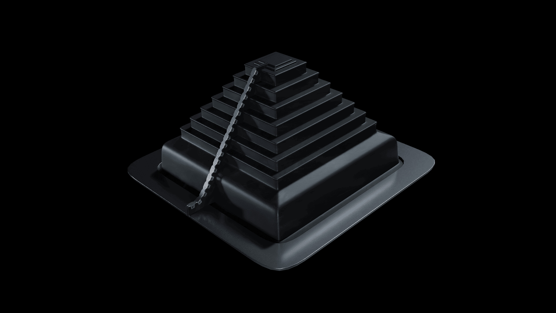 Eine schwarze, stilisierte Stufenpyramide mit einer Treppe auf einer Seite, auf einem quadratischen Sockel vor einem soliden schwarzen Hintergrund.