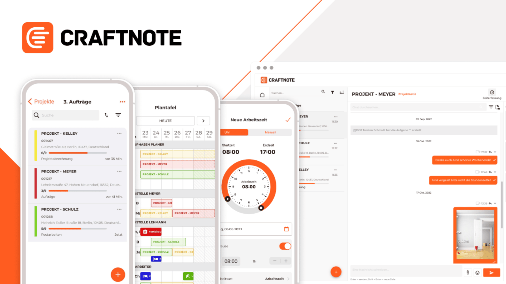 Screenshot showing the Craftnote app on a smartphone and computer, displaying project lists, schedules, a work timer, chat messages, and a photo of a construction site.