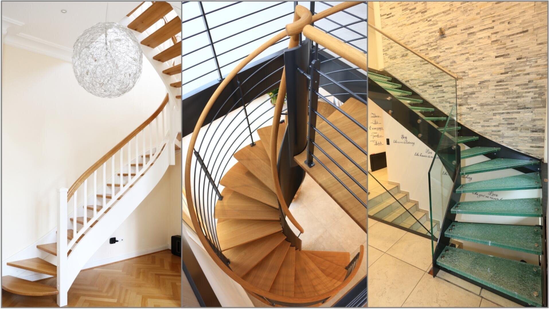 A collage of three modern staircases: a wooden spiral staircase with a white banister, a top view of a wooden spiral staircase with metal accents and a glass staircase with a glass banister and stone wall.