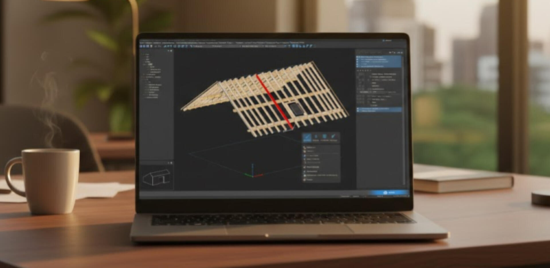 A laptop on a wooden table shows a 3D architectural model of a wooden roof construction on its screen. Nearby are a steaming cup, a notepad and a pen. Large windows show a blurred exterior background.