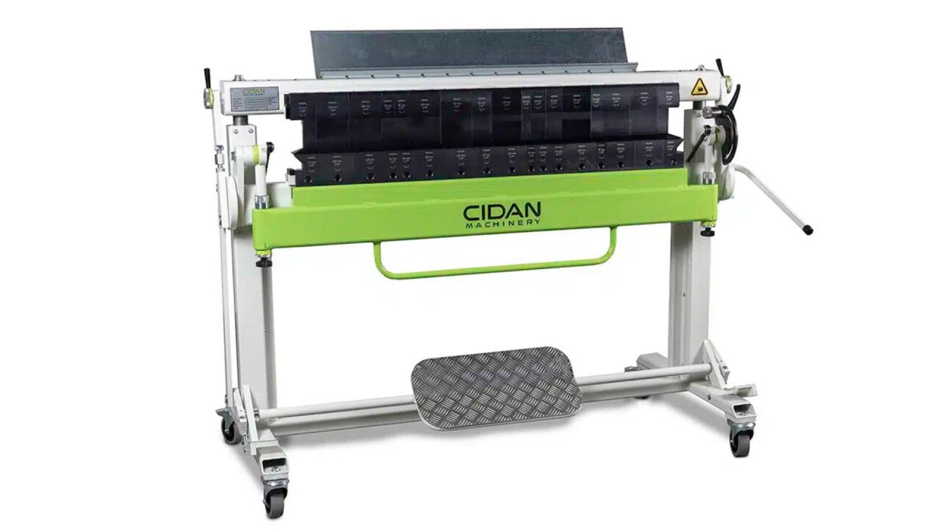 A green and white sheet metal bending machine on wheels, labeled CIDAN Machinery, with a foot pedal, handles, and adjustment knobs, used for shaping metal sheets.