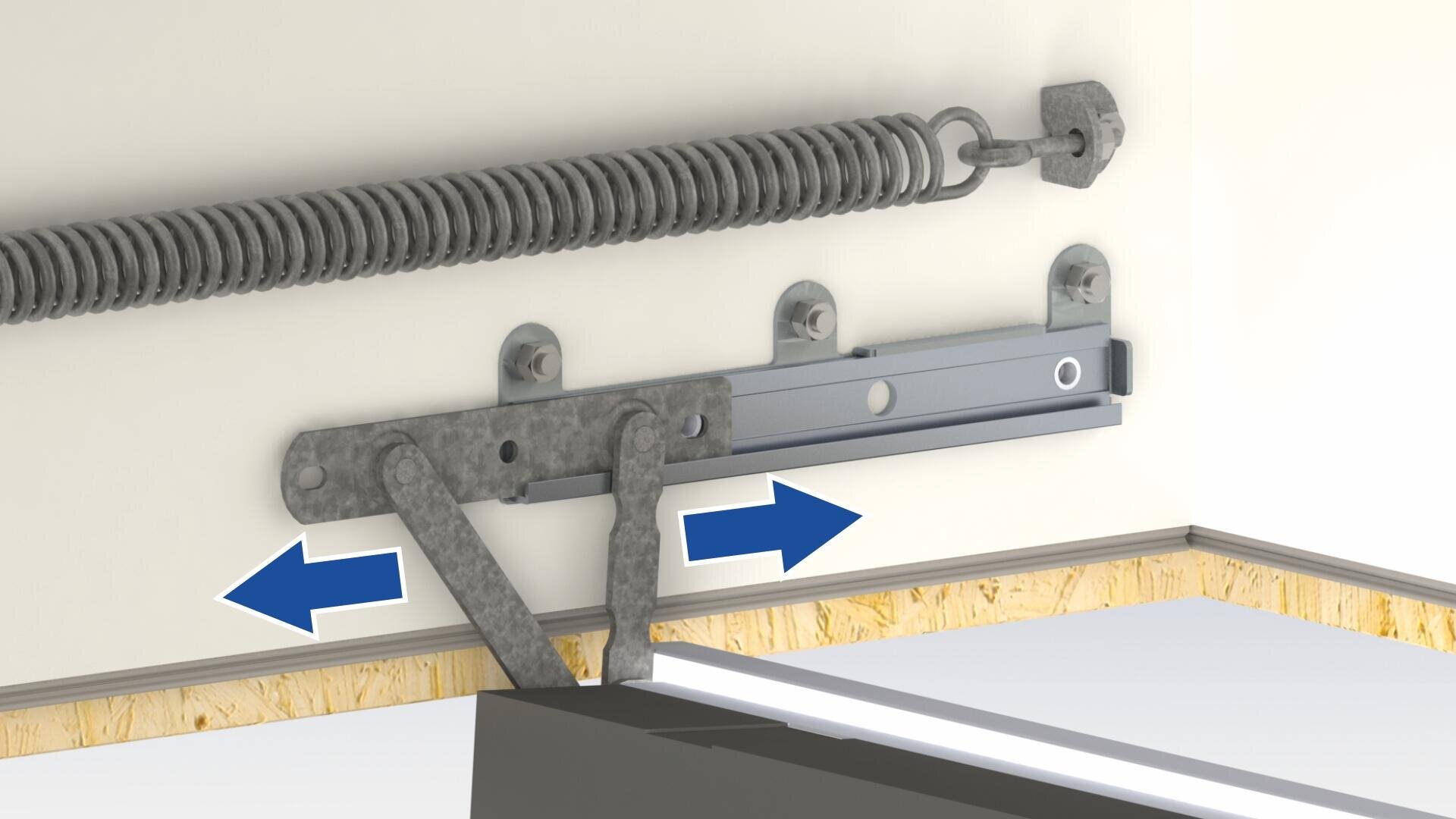 A close-up illustration of a garage door mechanism showing a spring, brackets, and a sliding metal track attached to a wall. Two blue arrows indicate the horizontal movement of the mechanism.