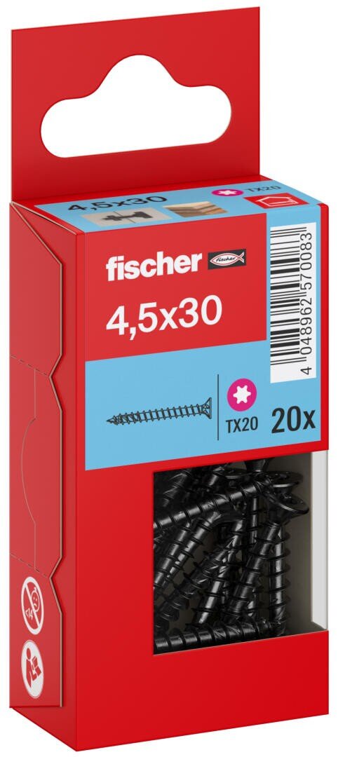A red box of Fischer screws, size 4.5x30 mm, containing 20 pieces. The box has a transparent window in which black screws can be seen and product details are printed on the front.