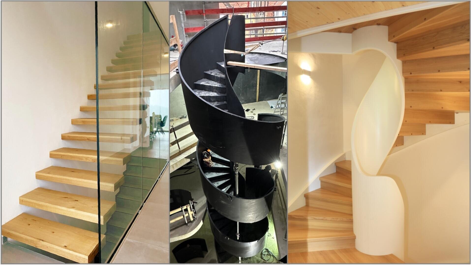 A collage of three staircases: a floating wooden staircase with glass railings, a black metal spiral staircase under construction and a curved wooden staircase with white walls and warm lighting.