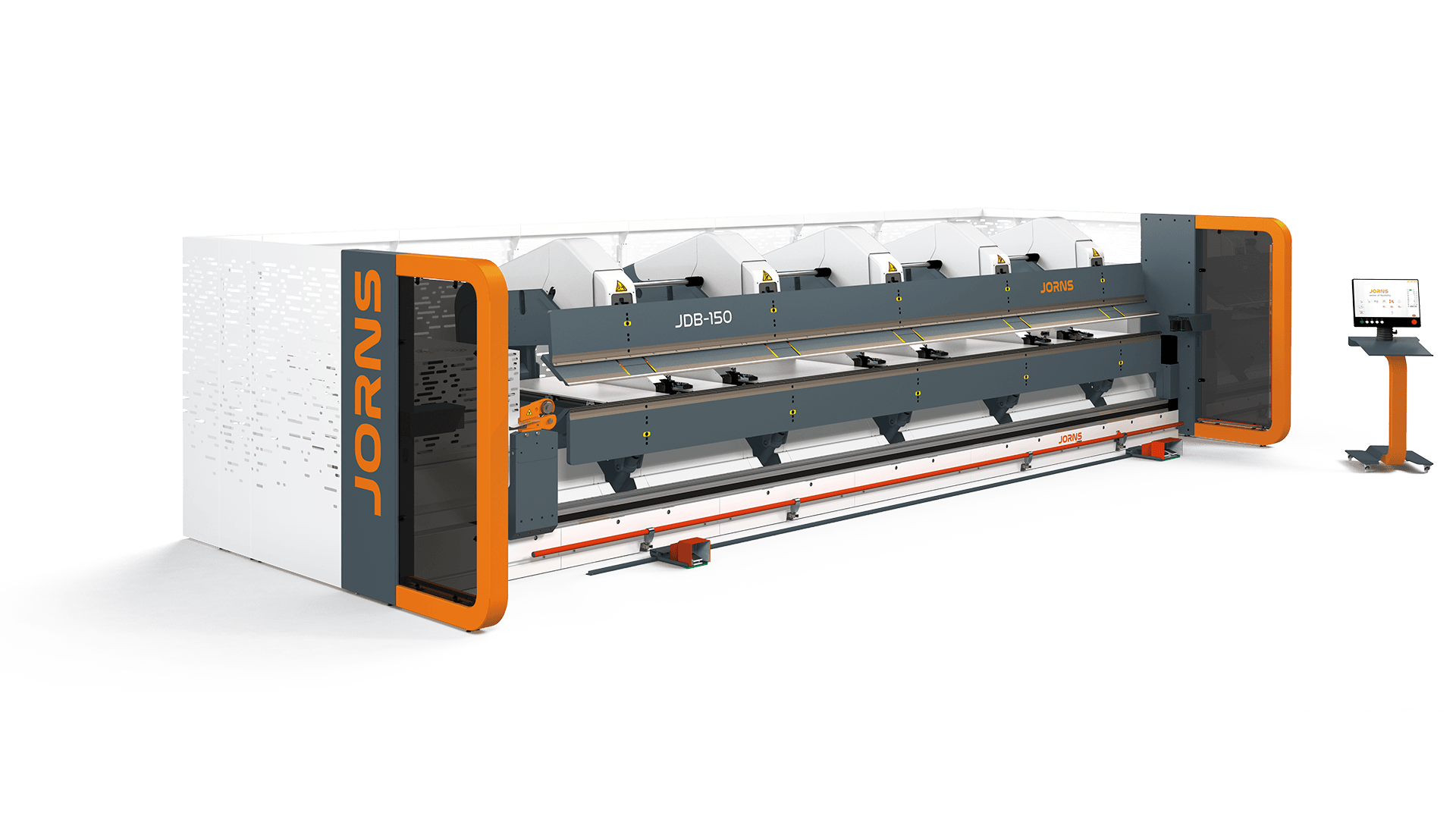 Eine große industrielle Blechbiegemaschine von Jorns mit grau-orangefarbenem Rahmen, Bedienfeld und mehreren Stützarmen. Auf der rechten Seite befindet sich eine externe Touchscreen-Bedienstation.