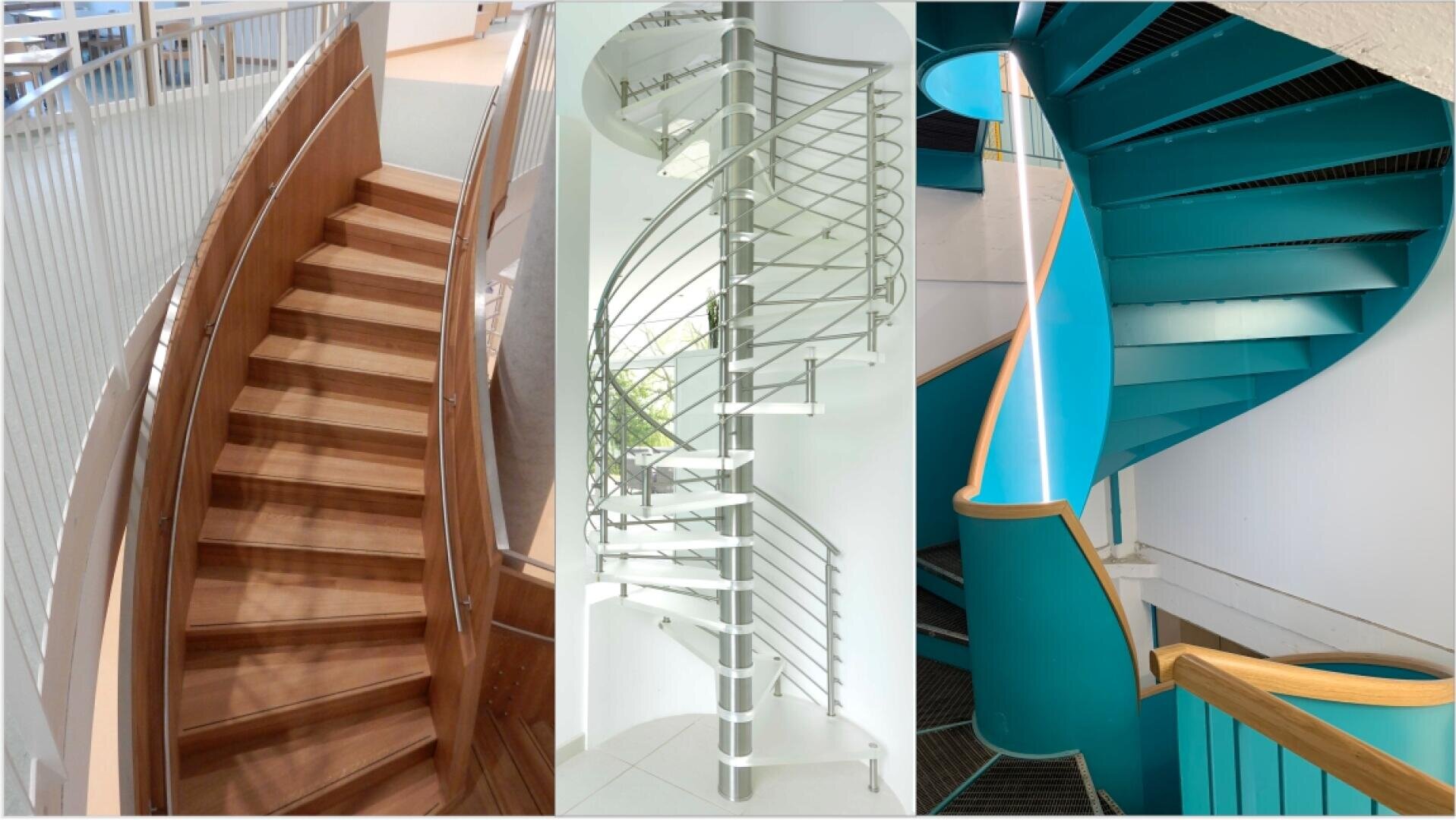 A collage of three different spiral staircases: a wooden staircase with curved banisters, a modern metal spiral staircase and a bright turquoise spiral staircase with wooden and metal banisters.