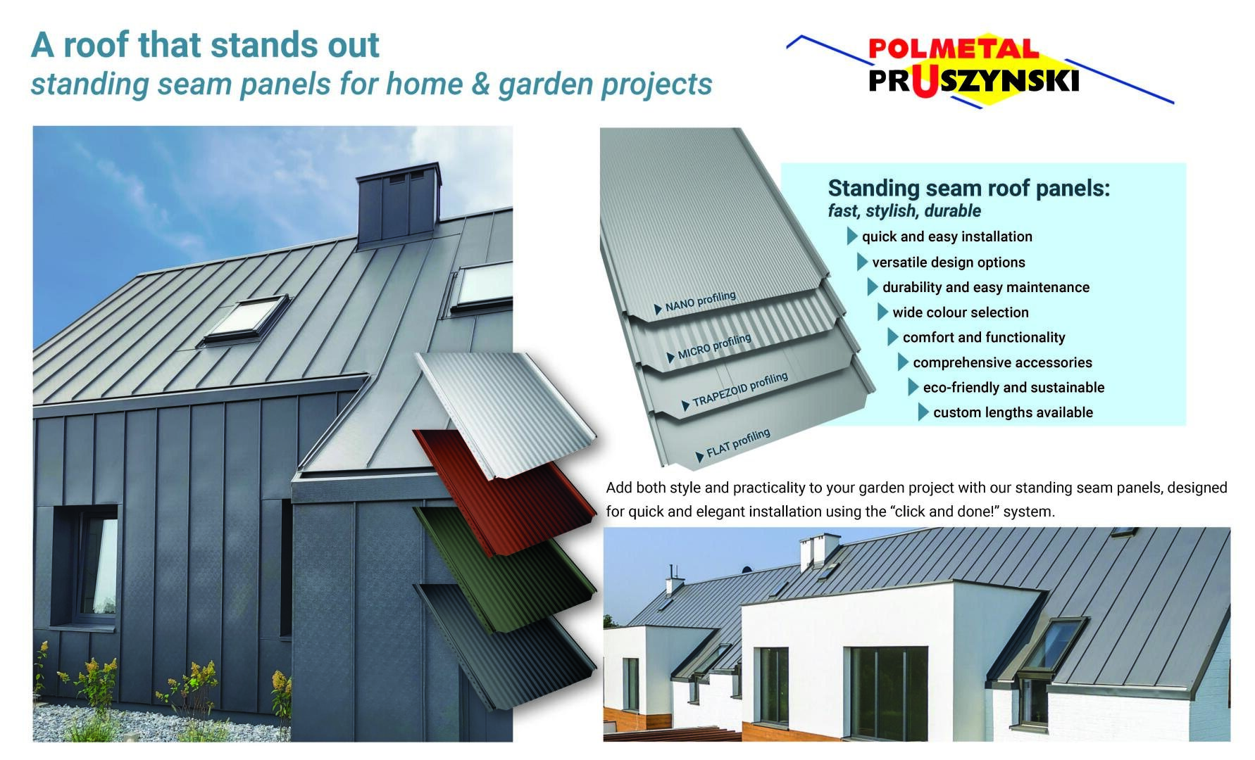 A modern house with dark standing seam metal roof panels is shown. Insets display close-ups of the metal panels and color options. Text describes benefits and features of the roof panels from Polmetal Pruszynski.