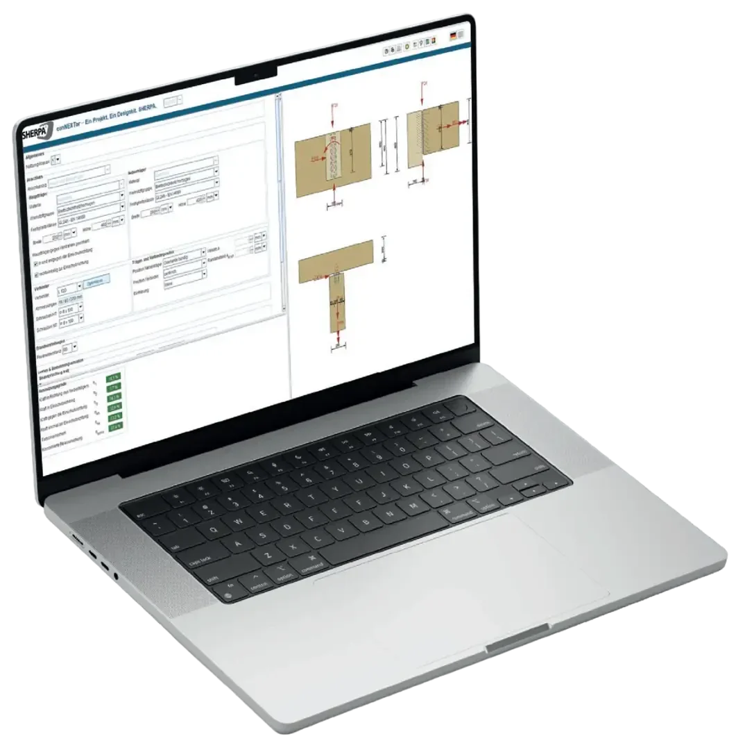Ein Laptop, auf dem eine Konstruktionssoftware angezeigt wird, mit einem Formular zur Dateneingabe auf der linken Seite und technischen Zeichnungen von Metallteilen auf der rechten Seite.