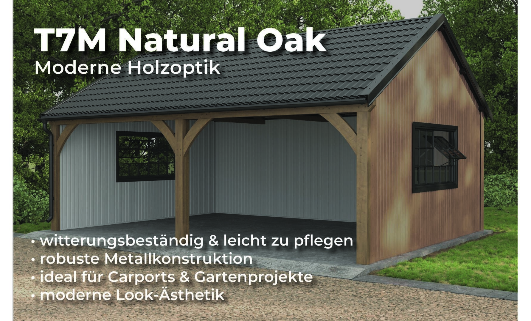 Ein modernes Carport mit Giebeldach und natürlicher Eichenholzoberfläche, mit offenen Seiten und einem geschlossenen Bereich. Der Text beschreibt seine Witterungsbeständigkeit, die robuste Metallkonstruktion und die Eignung für Carports oder Gartenprojekte.
