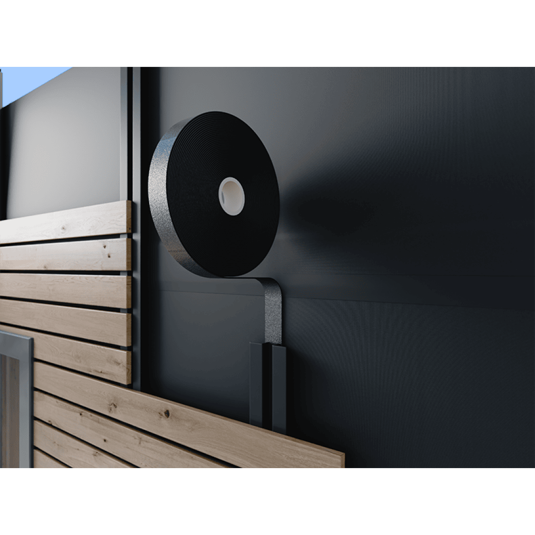 A large roll of black tape is mounted on a sleek, modern black bracket attached to an exterior wall with horizontal wooden panels and black metal cladding.