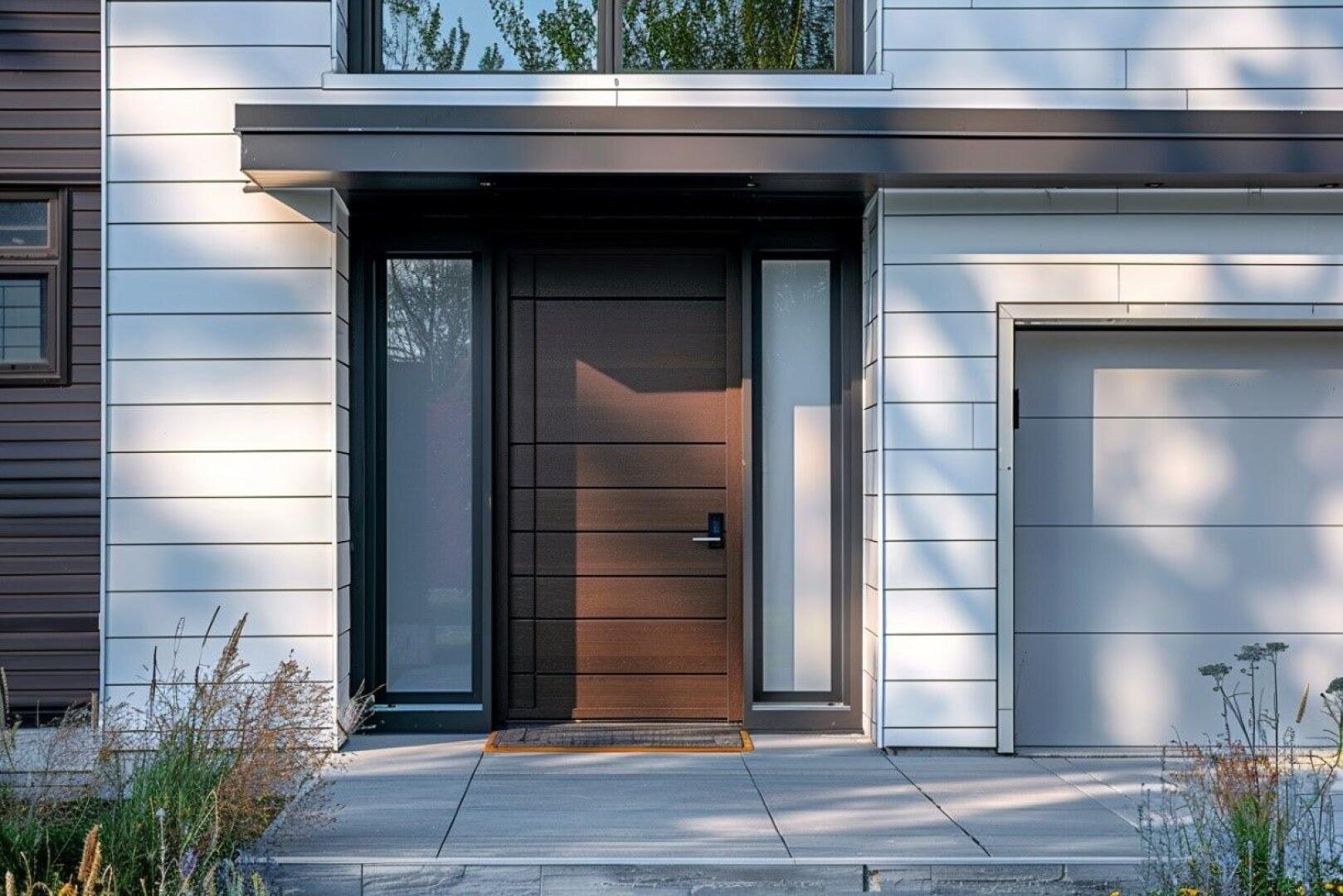 Modern entrance with a dark wooden door, large vertical glass panes on each side and white cladding. A concrete walkway leads to the door, with plants and grasses on both sides. A garage can be seen on the right-hand side.