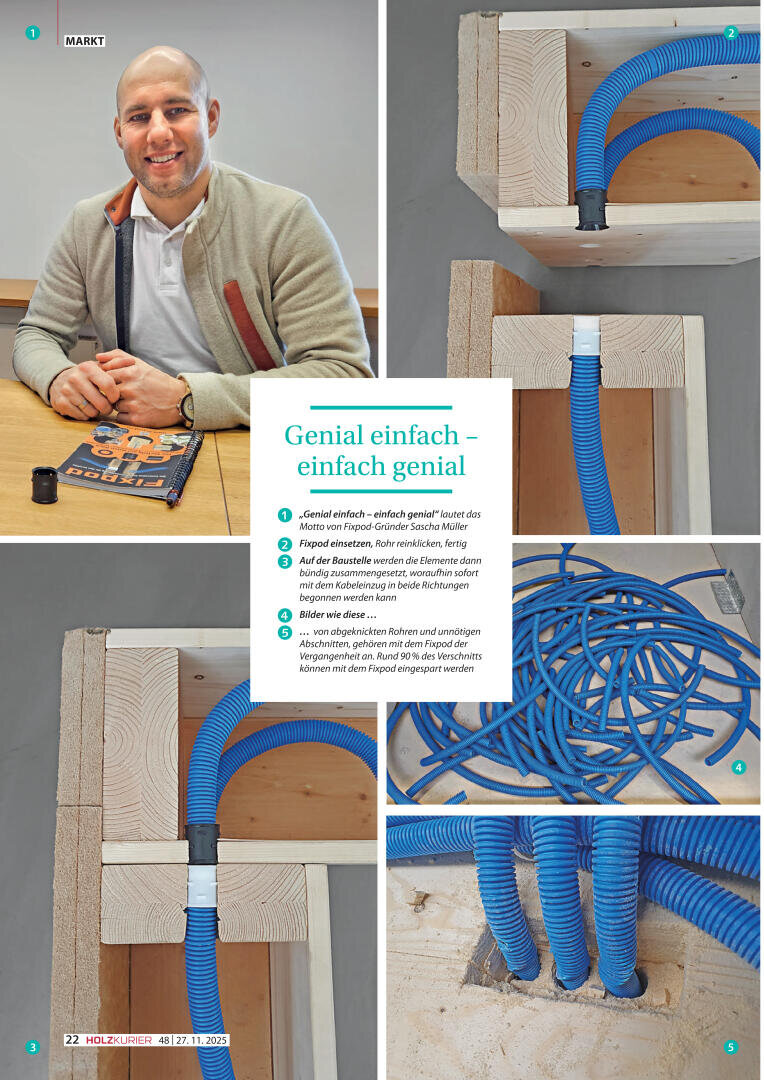 Ein Mann sitzt an einem Tisch mit Baumaterialien, während andere Bilder Nahaufnahmen von blauen, flexiblen elektrischen Leitungen zeigen, die ordentlich und verworren verlegt sind und eine Bautechnik demonstrieren.
