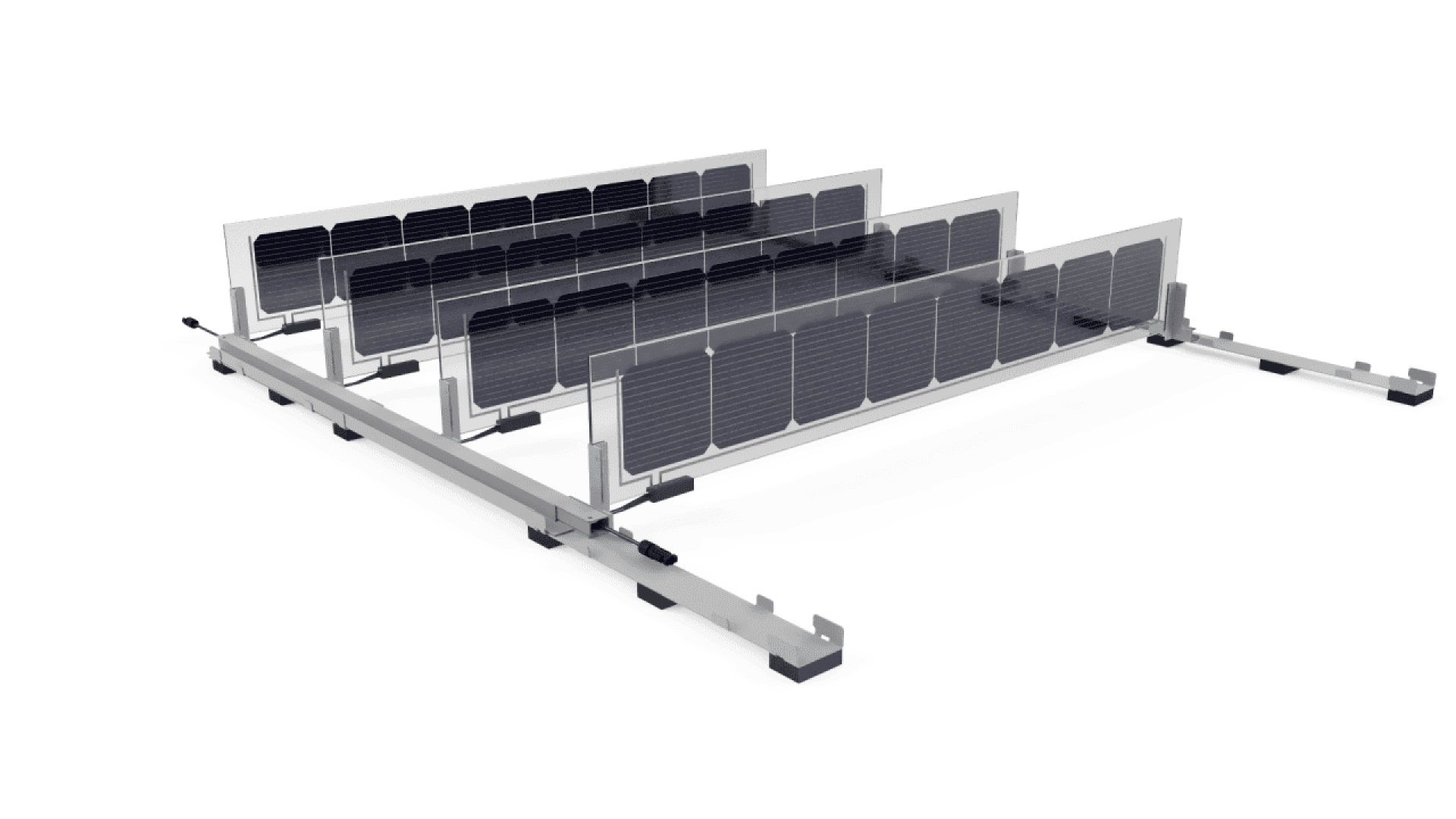 A 3D rendering of multiple solar panels arranged in parallel rows on a metal mounting frame, designed for flat surface installation.