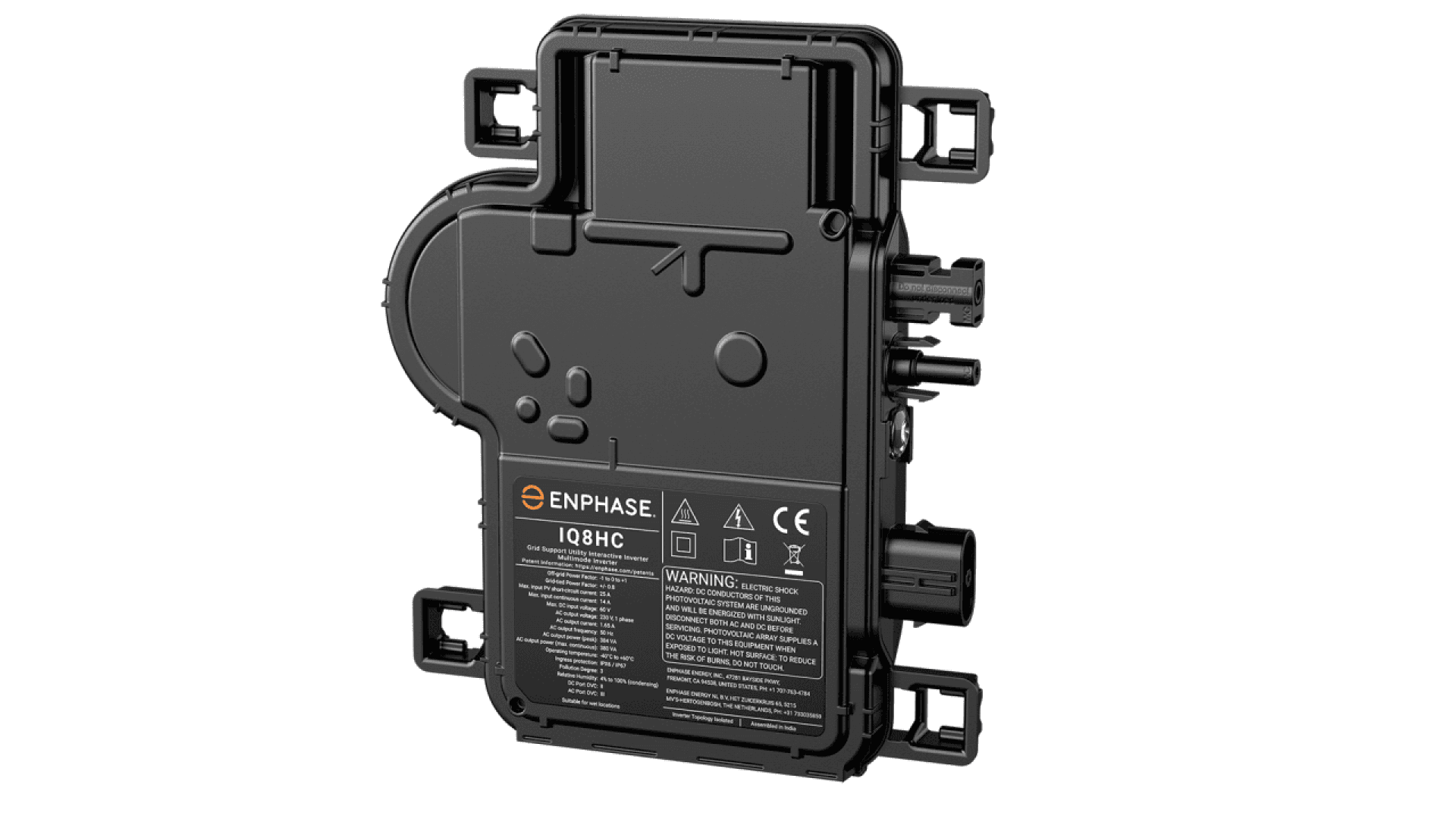 A black Enphase IQ8HC microinverter with a label displaying technical information and safety warnings, designed for use in solar energy systems, shown against a white background.