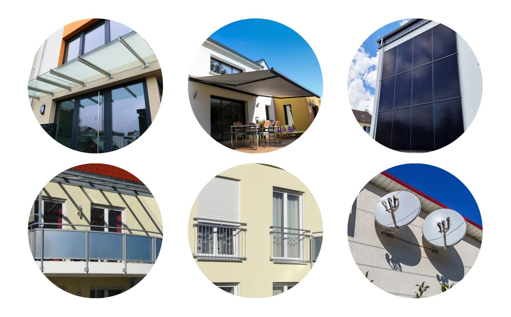 A collage of six circular images shows applications for heavy-duty fixings: canopies/roofing, awnings, solar modules, railings, French balconies, fall protection and satellite dishes.