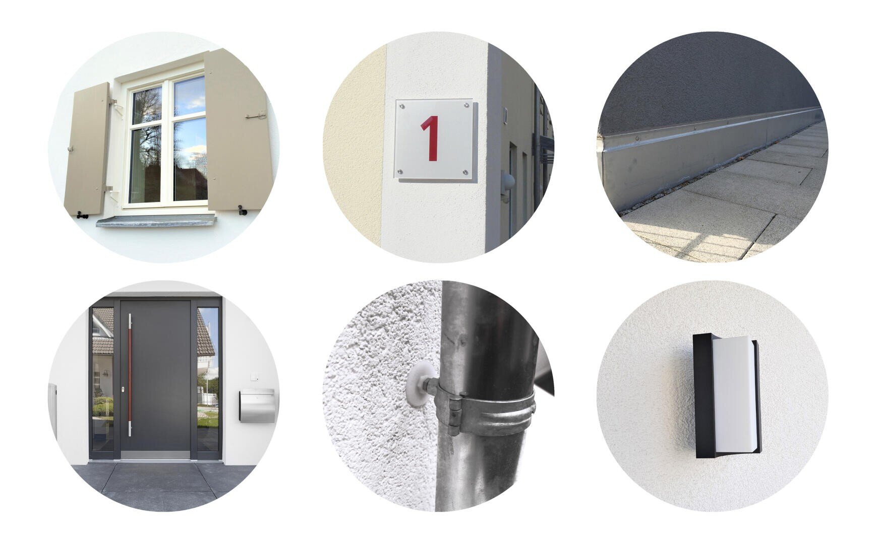 A collage of six circular images shows applications for light-duty fixings: window hinges, signs, metal profiles for wall connections or skirting boards, letterboxes, rainwater downpipes and lamps.