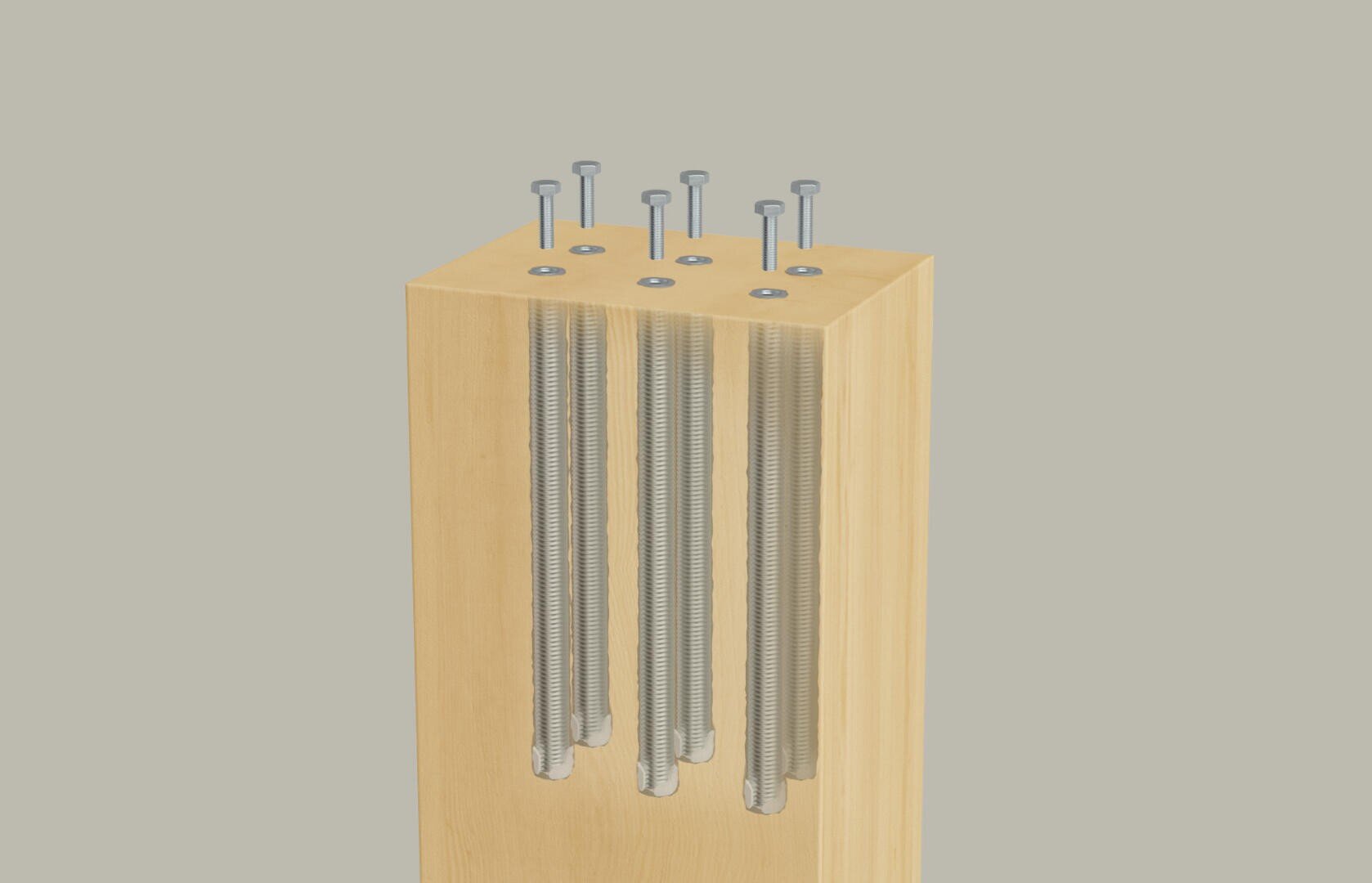 Ein Holzpfosten mit einem Querschnitt, der sechs vertikale Stahlstangen im Inneren und sechs Schrauben mit Unterlegscheiben zur Befestigung der Oberseite aufweist.