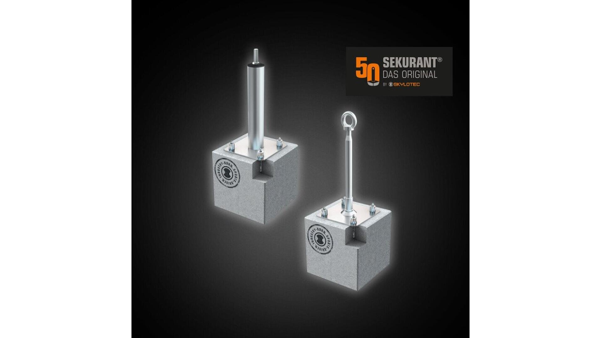 Two metallic anchor devices with square bases are shown on a dark background. Both have different vertical fixtures; one is a smooth pole, the other has a loop at the top. The SEKURANT logo is displayed in the top right corner.