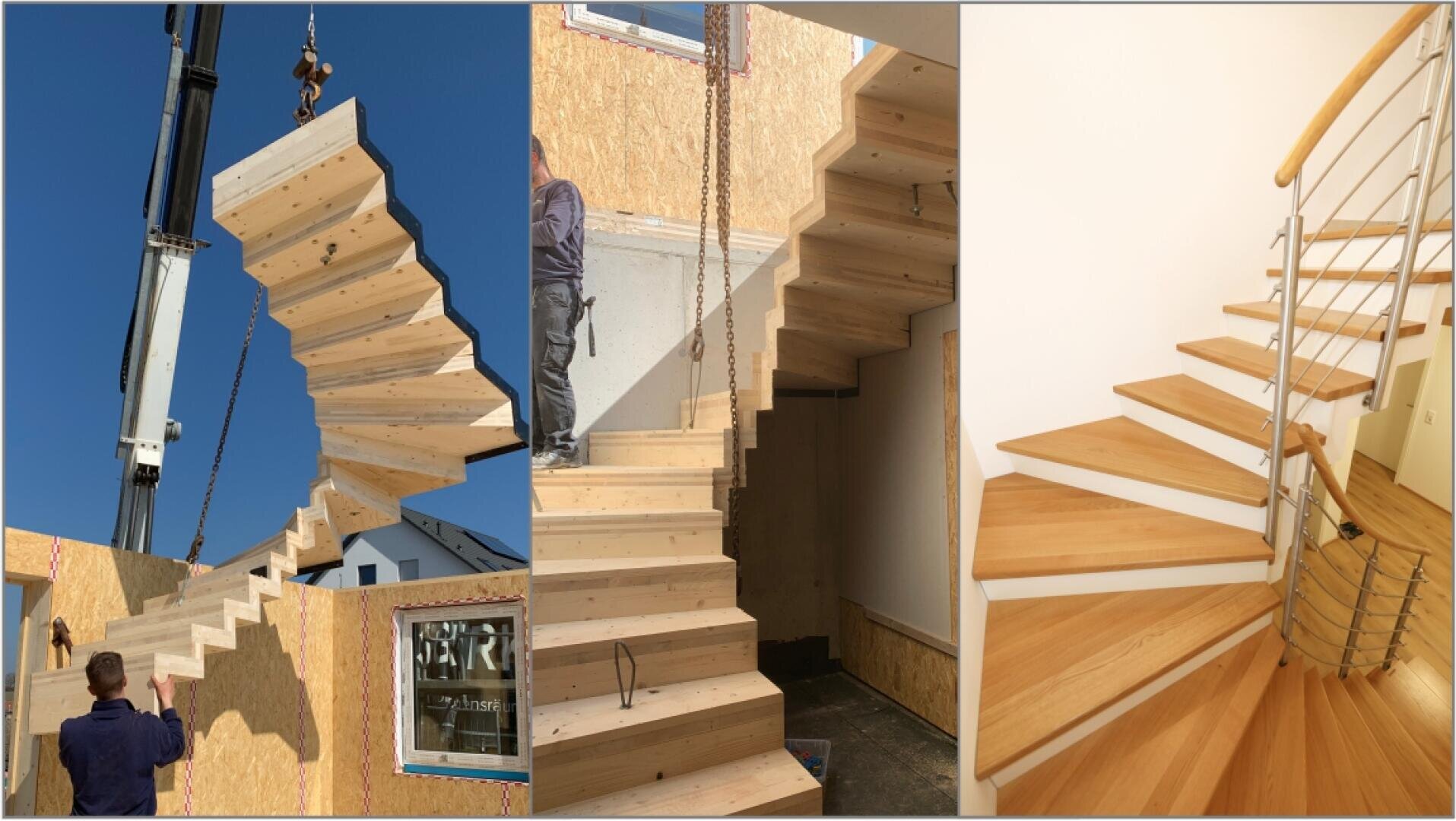 Drei Fotos zeigen eine Holztreppe: Sie wird von einem Kran in den Bau eingehoben, in ein im Bau befindliches Haus eingebaut und als Bautreppe benutzt und mit einem Edelstahl-Relinggeländer und Massivholzstufen fertiggestellt.