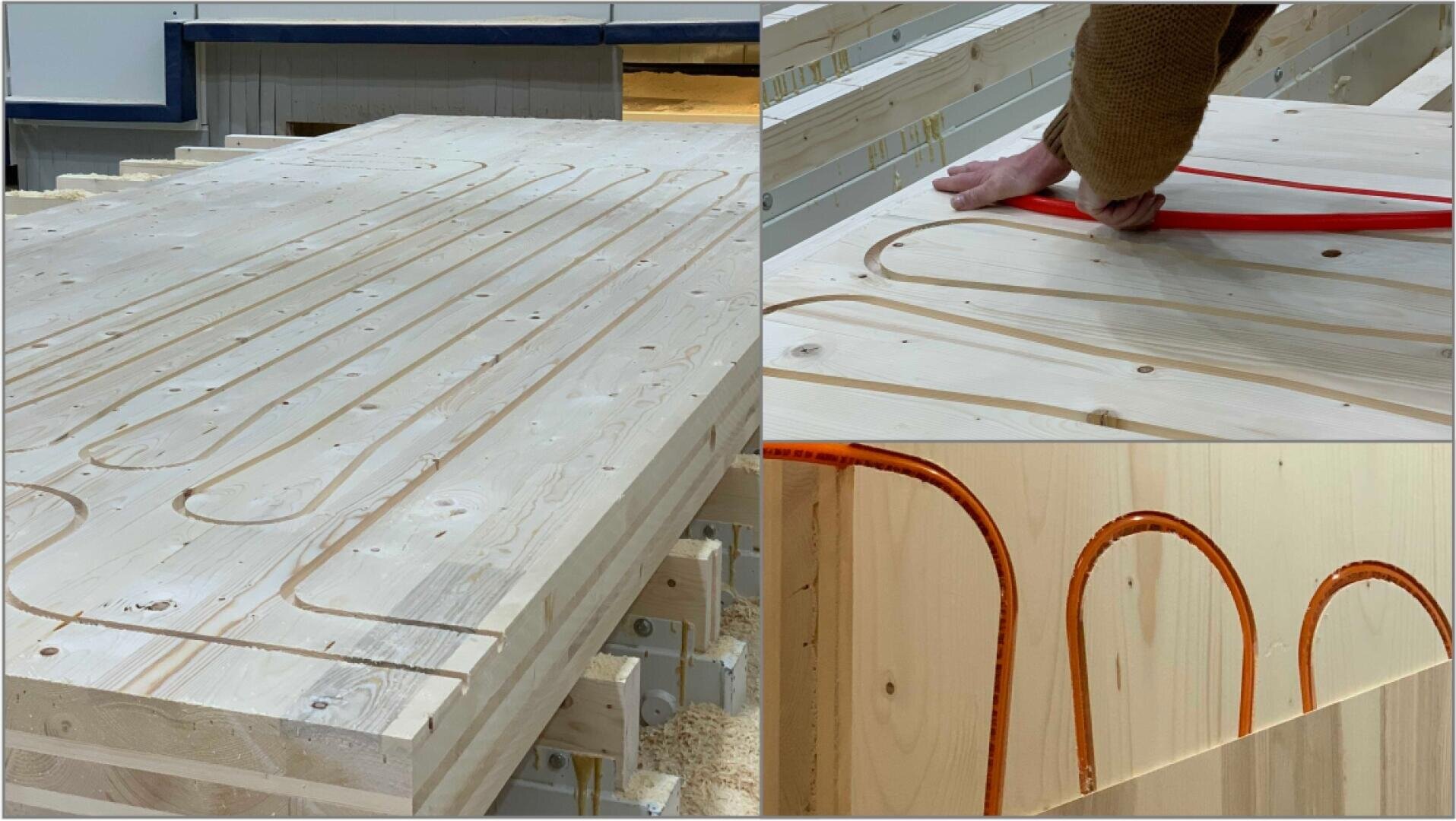 Eine Collage zeigt Holzplatten mit gerillten Kanälen, eine Person, die ein rotes Rohr in die Rillen legt, und eine Nahaufnahme des in das Holz eingepassten Rohrs. Sie demonstriert die Installation von Strahlungsheizungsrohren in Holz.