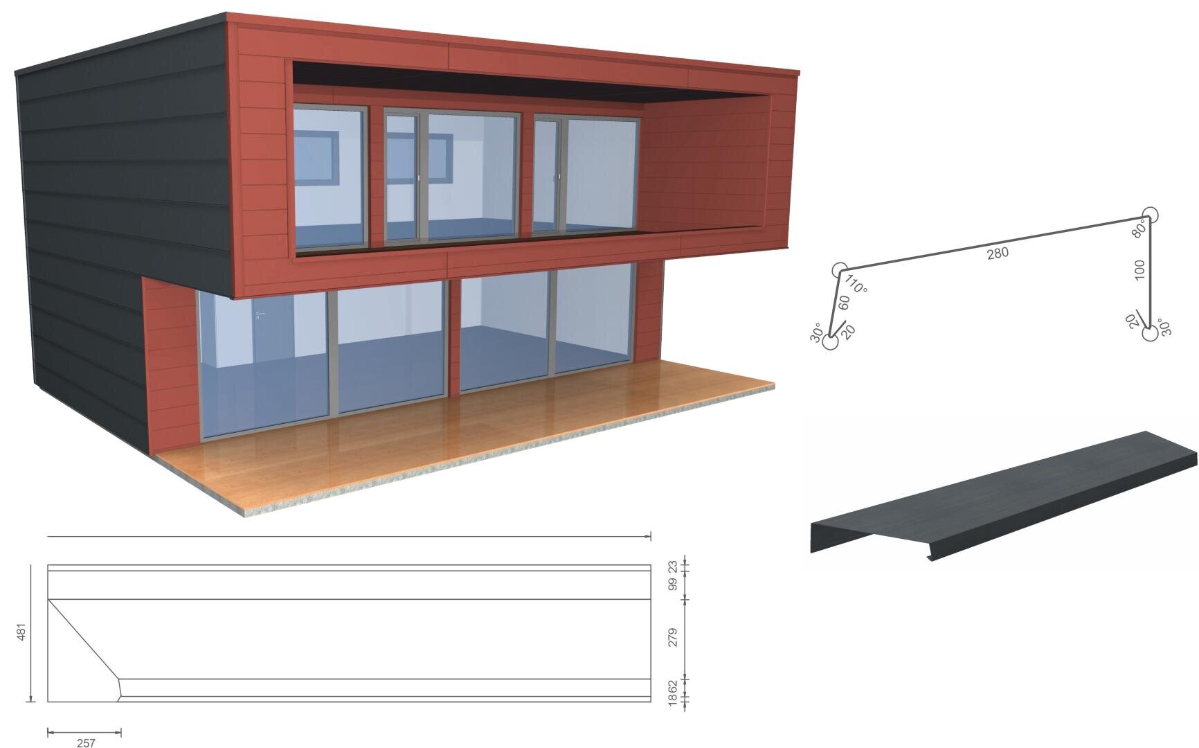 3D-Rendering eines modernen zweistöckigen Hauses mit großen Fenstern, roten und schwarzen Außenpaneelen und einem Holzboden, neben Architekturdiagrammen, die detaillierte Maße eines Wandabschnitts zeigen.