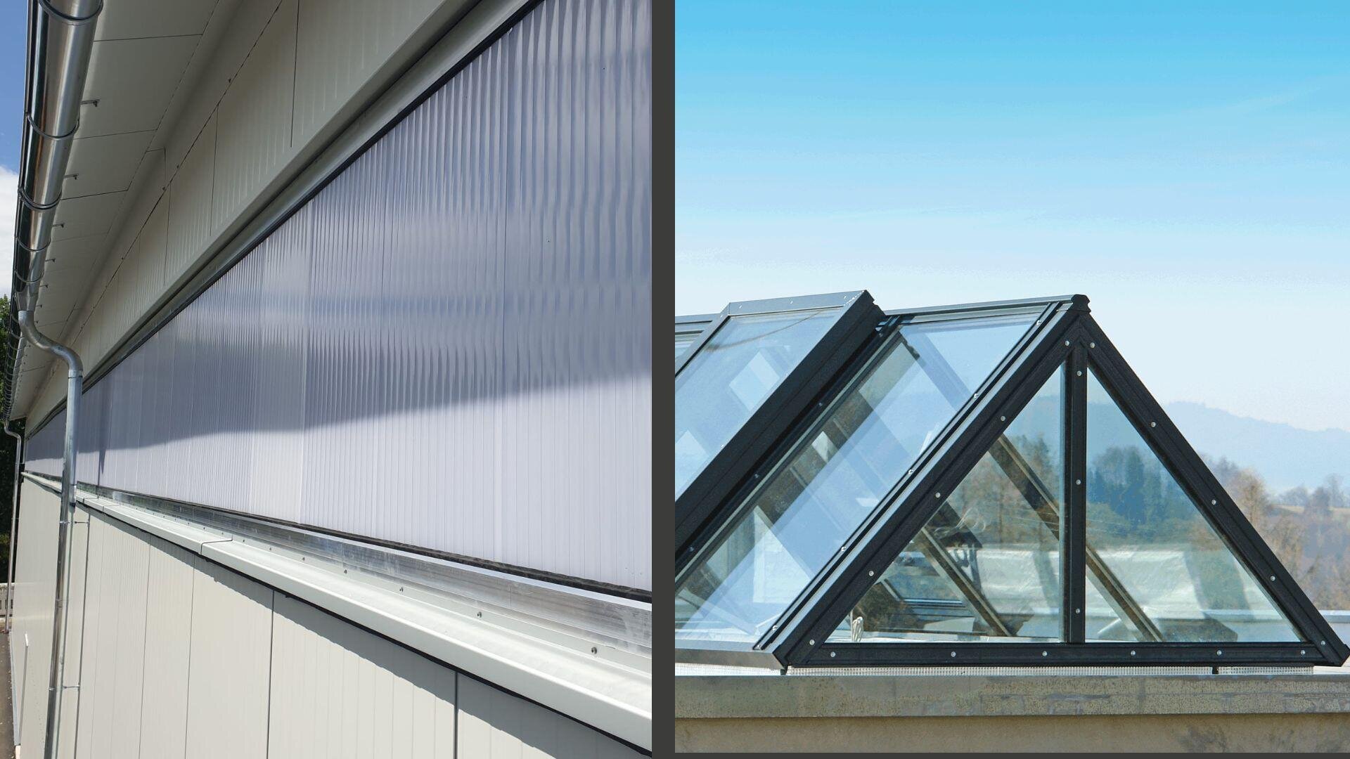 Split image: The left-hand side shows a translucent panel wall on the outside of a building; the right-hand side shows a close-up of modern, triangular glass skylights on a roof against a blue sky.