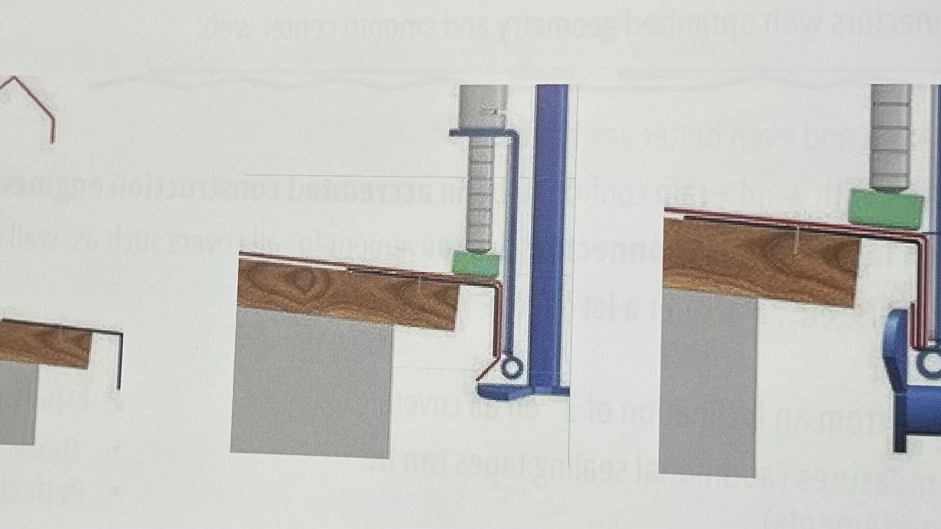 A technical diagram showing two cross-sectional views of timber, metal and concrete components connected by green and red lines, illustrating construction or assembly details.