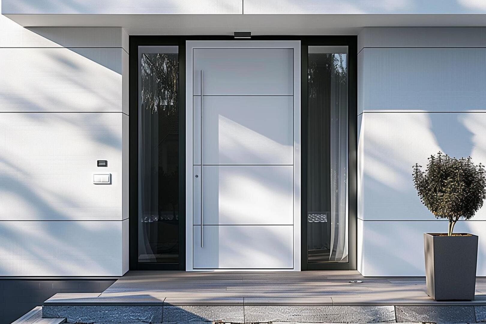 Modern white front door with large vertical handle, flanked by high glass panes. Minimalist façade with horizontal paneling. A small potted shrub is located to the right of the entrance on the veranda.