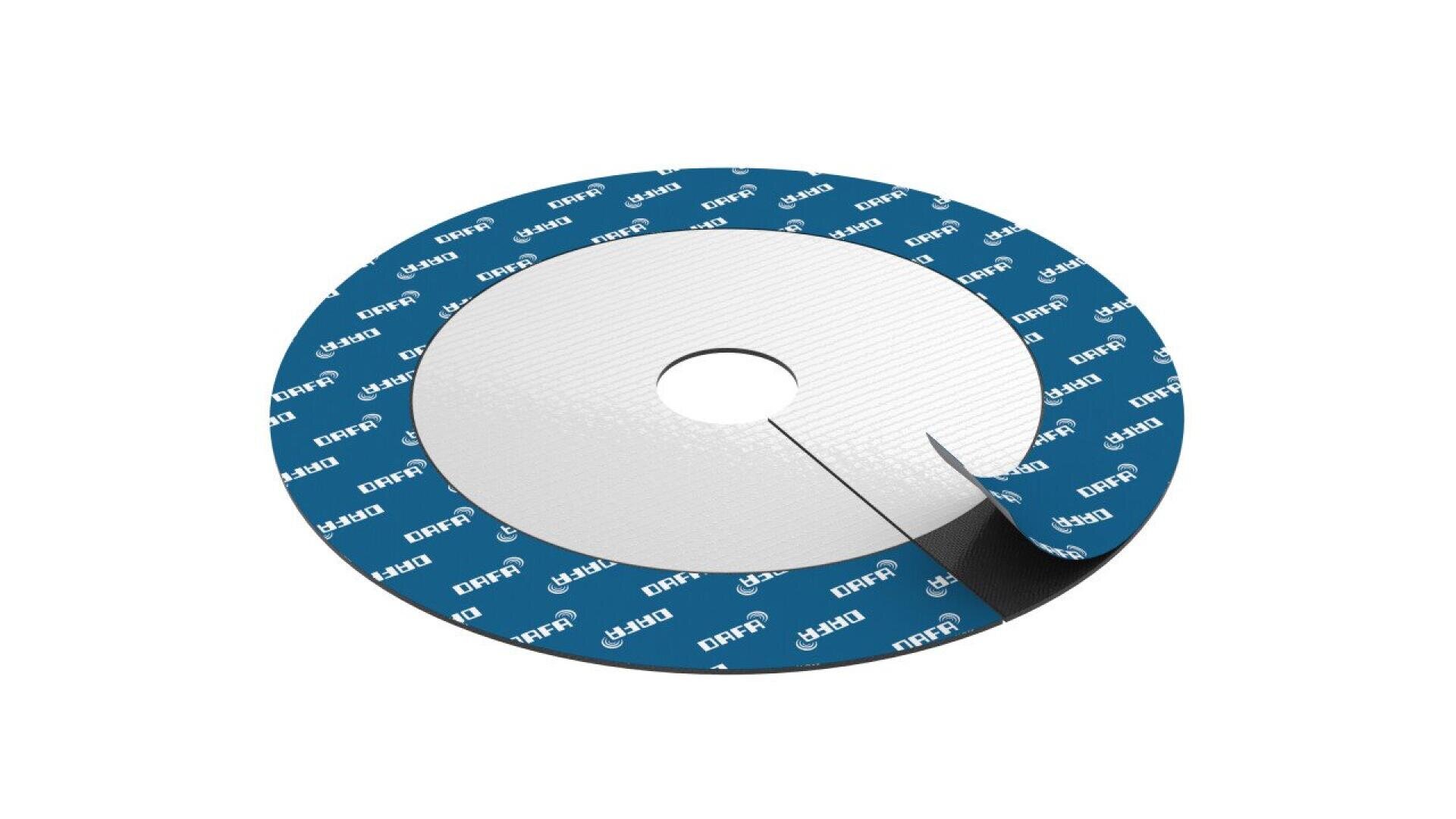 A roll of adhesive tape with a metallic surface, partially unrolled, and a blue backing printed with white DAFA logos, viewed on a white background.