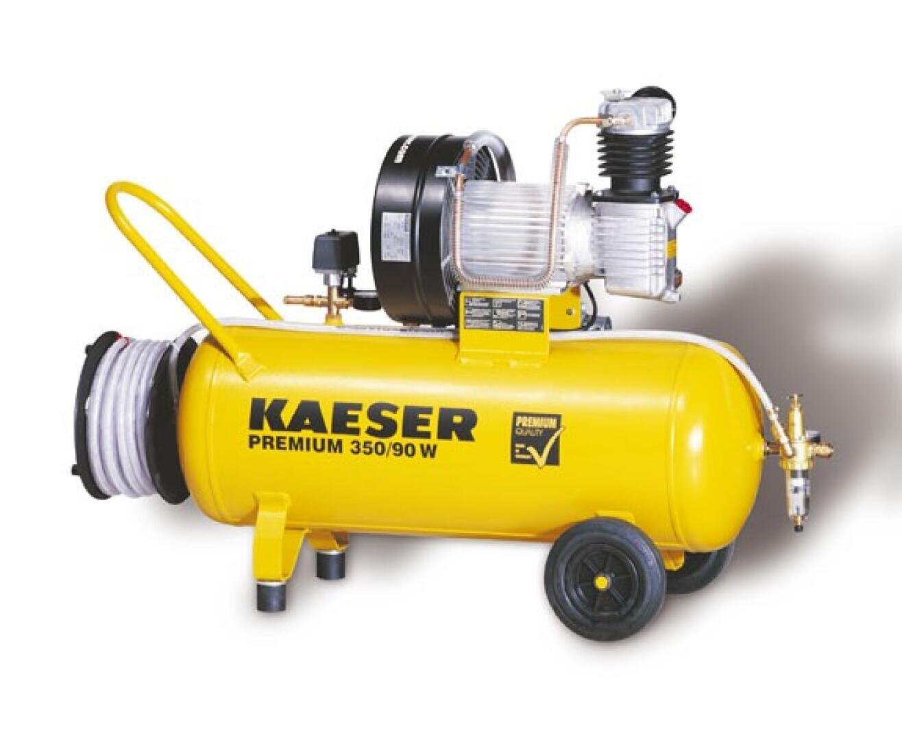 A yellow KAESER Premium 350/90 W air compressor with cylindrical tank, black motor, pressure gauges and hoses, standing on two rubber wheels and two metal feet.