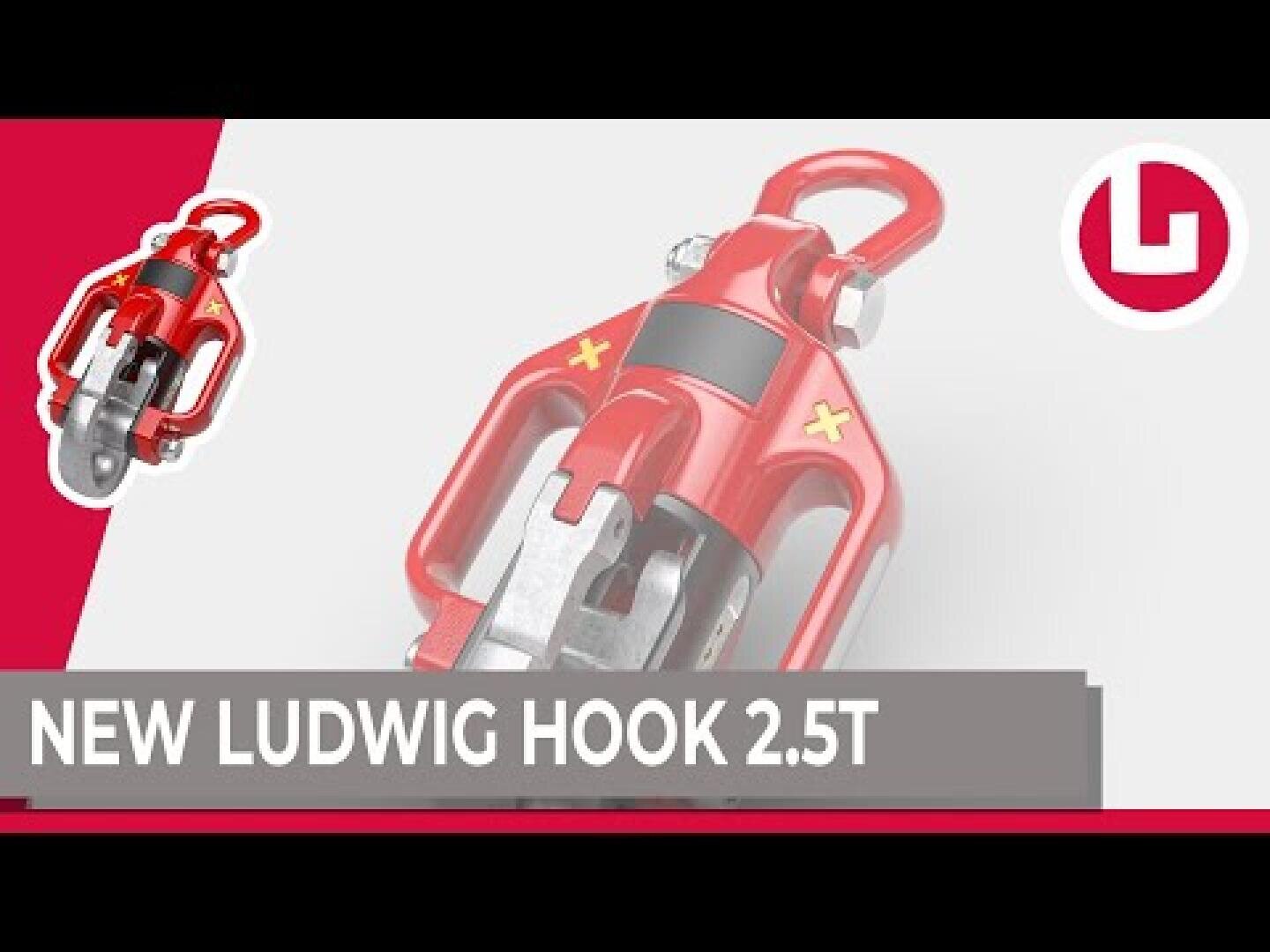 Ein roter Industriehaken mit der Aufschrift NEW LUDWIG HOOK 2.5T ist prominent zu sehen, mit einem kleineren Bild und dem Ludwig Logo auf weißem und rotem Hintergrund.