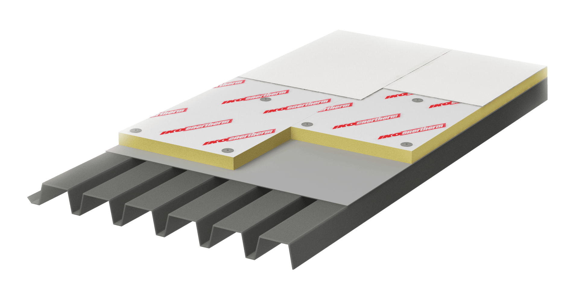 Eine Querschnittdarstellung zeigt die Schichten eines Dachsystems: unten eine gewellte Metalldecke, eine graue Dämmplatte, gelbe Dämmplatten mit Markenetiketten und oben weiße Abdeckplatten.