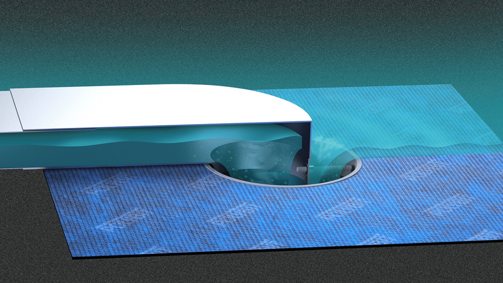 Eine digitale Illustration zeigt eine blaue rechteckige Oberfläche mit einem runden Loch. Flüssigkeit fließt aus einem Metallausguss darüber in das Loch in der Oberfläche und erzeugt Wellen und Blasen im Wasser darunter.
