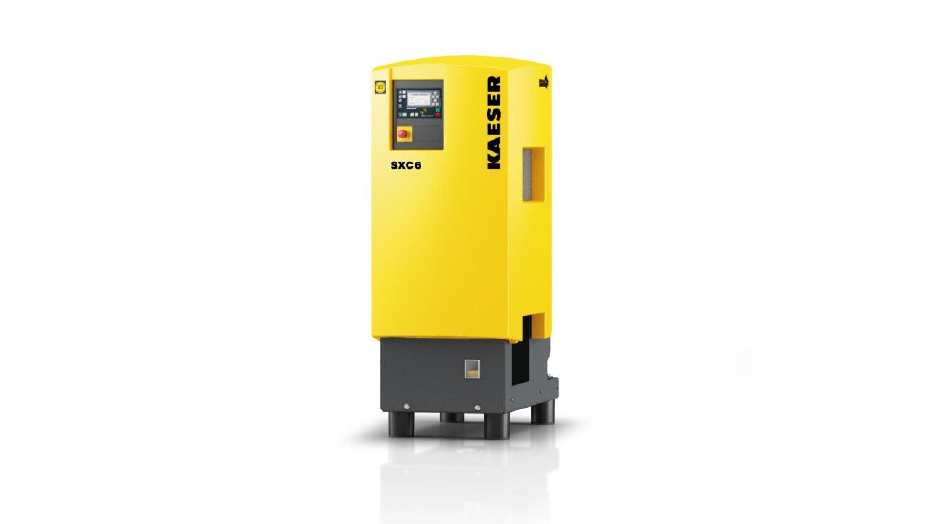 A yellow industrial air compressor with a digital display, labeled KAESER SXC6, standing on a black base against a white background.