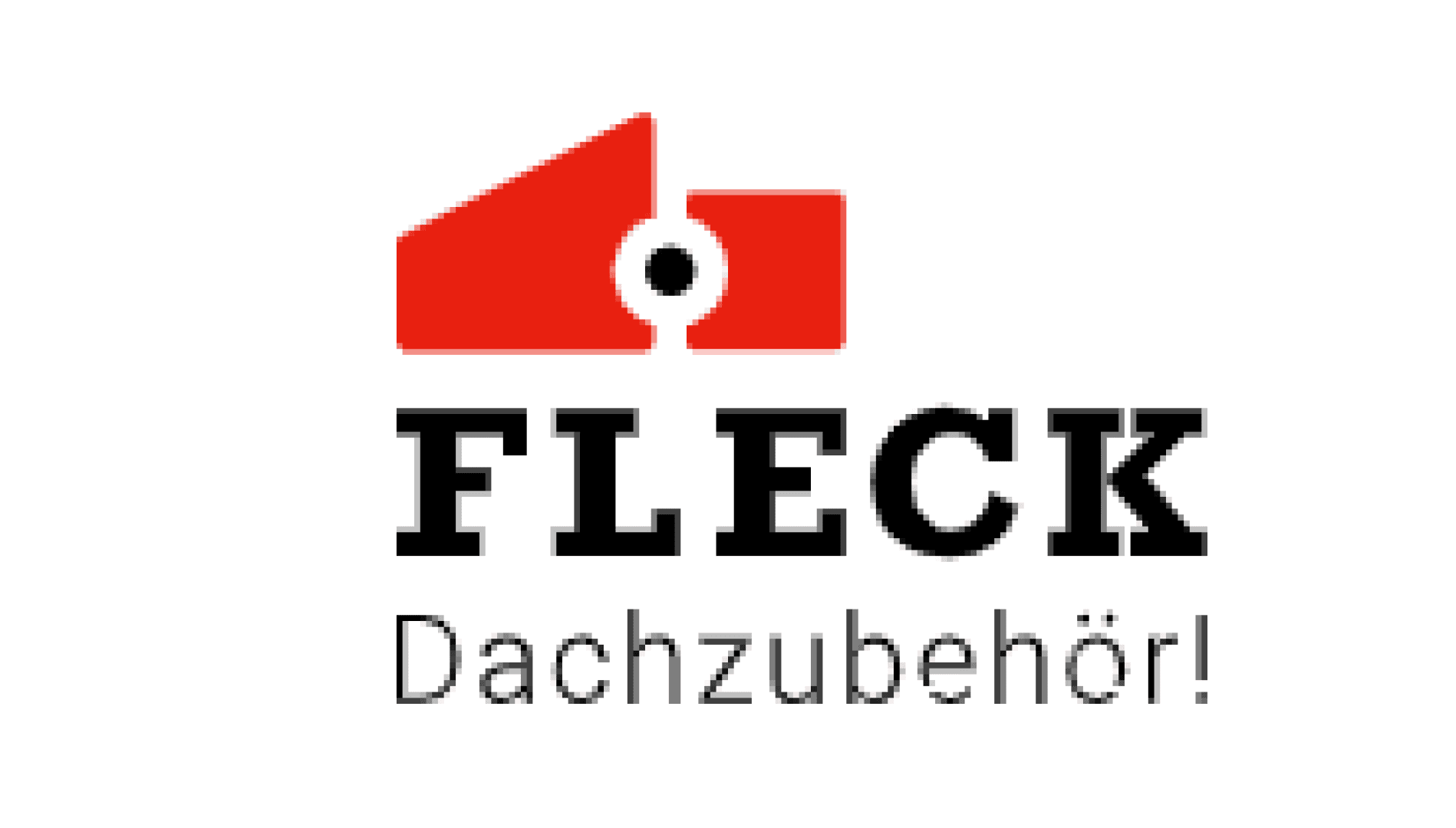 Logo mit einer rot-weißen Grafik, die einem Dach ähnelt, über dem Wort FLECK in fetten schwarzen Buchstaben; darunter steht in kleinerer schwarzer Schrift Dachzubehör!.