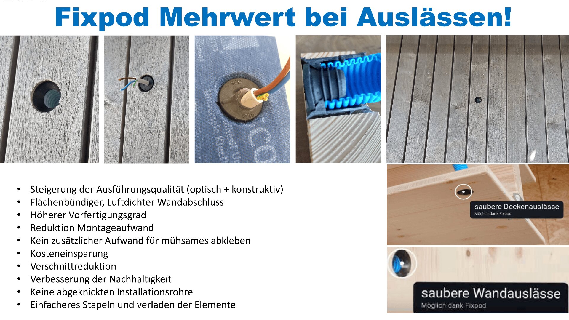 Ein Vergleich der Installation von Terrassen- und Wandsteckdosen mit Fixpod, der saubere, präzise Kanten hervorhebt. Der Text listet die Vorteile von Fixpod auf, darunter höhere Qualität, einfache Installation, Kosteneinsparungen und verbesserte Nachhaltigkeit.