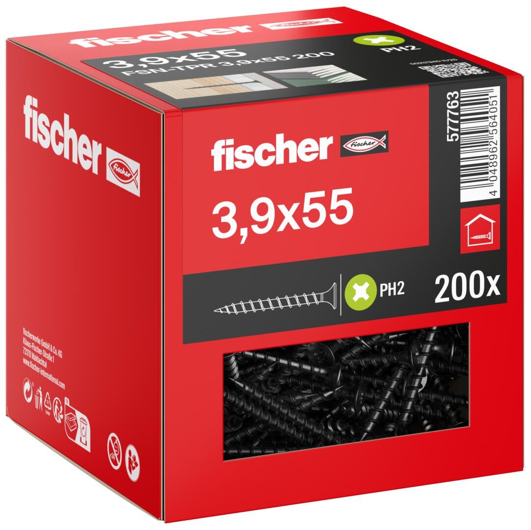 A red box of Fischer 3.9x55 screws, type PH2, with 200 pieces. The box contains product details, an illustration of the screws and a transparent window showing the screws inside.