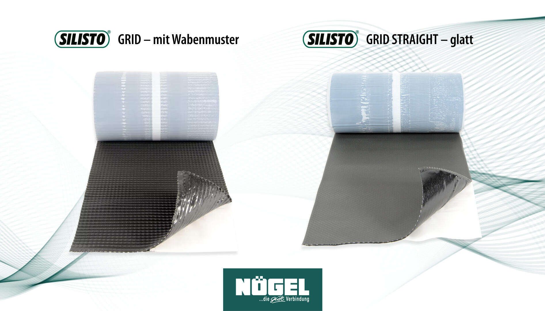 Zwei Rollen Abdichtungsbahnen von Nögel: eine mit Wabenmuster (links, Bezeichnung GRID - mit Wabenmuster) und eine mit glatter Oberfläche (rechts, Bezeichnung GRID STRAIGHT - glatt).