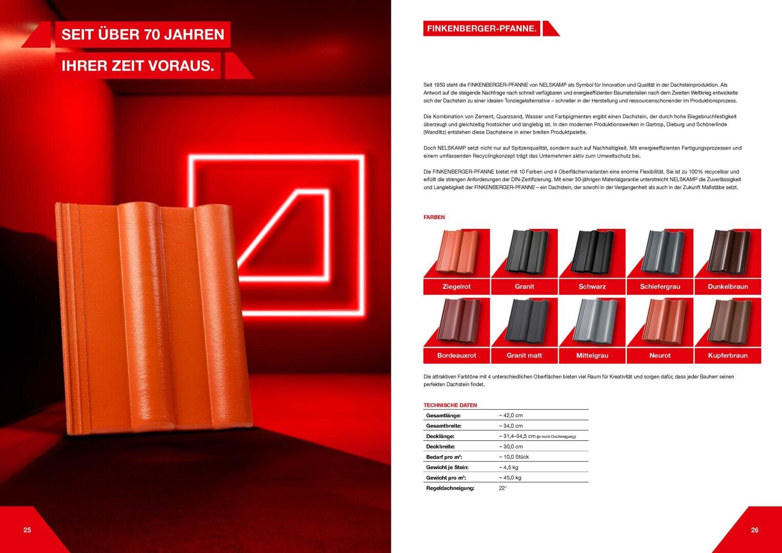 Auf einer Katalogseite ist links ein roter Dachziegel abgebildet, mit deutschem Text und einem leuchtend roten geometrischen Umriss im Hintergrund. Auf der rechten Seite sind Bilder von verschiedenen Dachziegeln in unterschiedlichen Farben zu sehen, darunter die technischen Daten.